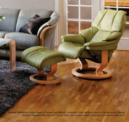 Stressless Paloma Green Reno Leather Color Recliner Chair and Ottoman from Ekornes